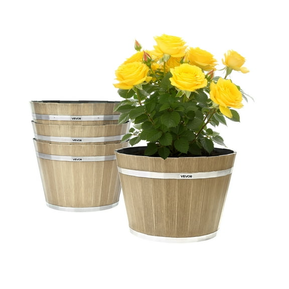 VEVOR Plant Pots, 4 Pack 11.81 inch Whiskey Barrel Planters with Drainage Holes,Large Outside Plastic Decoration Flower Pot Imitation Wine Barrel Design for Indoor Outdoor Garden Home Plants,Brown