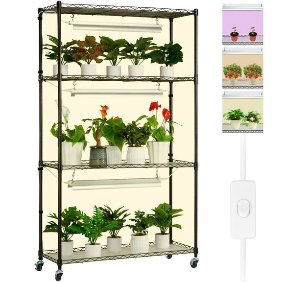 VEVOR Plant Stand with Grow Light, 4 Tier Plant Shelf with 90W Grow Light for Indoor Plants, Grow Light Shelf Full Spectrum Lights Adjustable Metal Plant Stand for Seed Starting