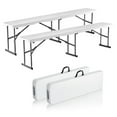 thumbnail image 1 of VEVOR Plastic Folding Bench,6 FT Portable Folding Bench,Smooth HDPE Waterproof Outdoor Bench, Picnic Camping Dining Seat with Carrying Handle,for Garden Soccer Entertaining Activity,White (2 Pack), 1 of 9
