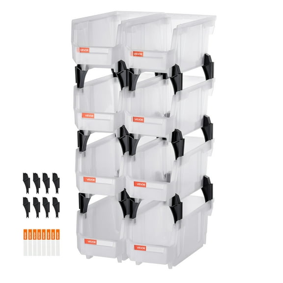 VEVOR Plastic Stackable Storage Bins, 10.9 x 5.5 x 5.1 inch (8 Pack), Plastic Containers for Organizing & Storage Bins for Closet, Garage, Small Parts, Office Supplies, Other Accessories, Transparent