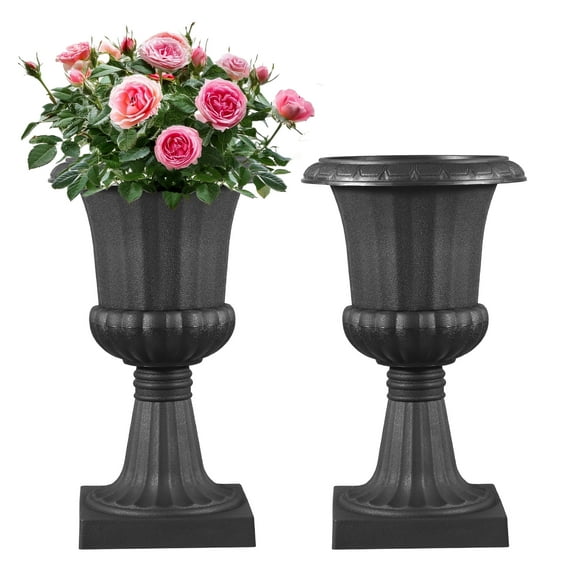 VEVOR 2 Pack Plastic Urn Planters 9.8 x 16.5 inch, Classic Flower Pots Front Porch Planters, Indoor & Outdoor Vase for Wedding, Party, Event, Home, Garden, Balcony, Patio Decoration (Black)