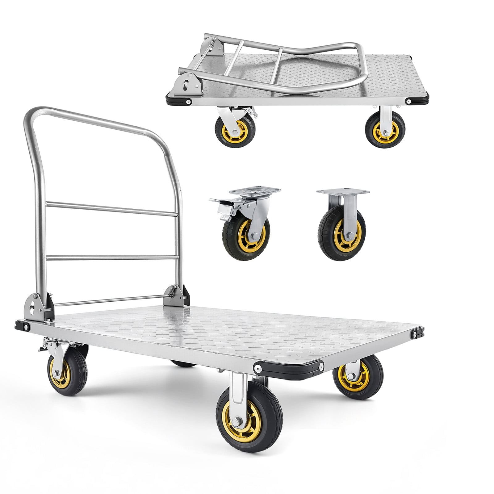 VEVOR Platform Truck, 2000 lbs Capacity, Heavy Duty Steel Flatbed Cart with Swivel Wheels and Handle, Foldable Platform Hand Push Truck Dolly, for Groceries, Garage, Warehouse, 35.4 x 23.6 x 35.4 in