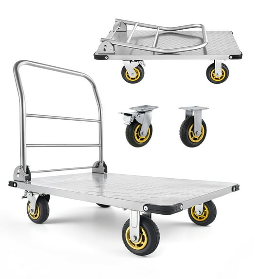 VEVOR Platform Truck, 2000 lbs Capacity, Heavy Duty Steel Flatbed Cart with Swivel Wheels and Handle, Foldable Platform Hand Push Truck Dolly, for Groceries, Garage, Warehouse, 35.4 x 23.6 x 35.4 in