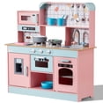 thumbnail image 1 of VEVOR Play Kitchen for Kids, Wooden Toy Kitchen Set with Lights and Sounds, Toddler Kitchen with Ice Maker, Oven, Sink, Microwaves, Fridge and Utensil and Fruit Accessory for Toddlers ages 3-8, Pink, 1 of 10