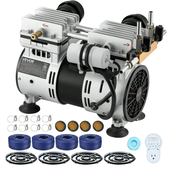 VEVOR Pond Aerators, 6.7CFM Aeration System for Lakes up to 3 Acres, 1 HP Air Compressor, 4 Diffusers & Four 100' Weighted Tubing, Outdoor Pond Aeration Pump for Deep Water Oxygen Circulation
