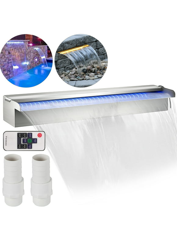 VEVOR Pool Fountain Stainless Steel Pool Waterfall 23.6" x 4.5" x 3.1"(W x D x H) with LED Strip Light Waterfall Spillway with Pipe Connector Rectangular Garden Outdoor
