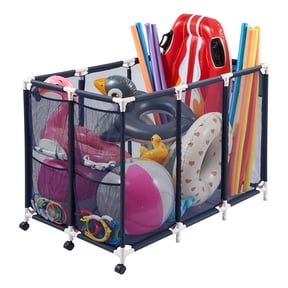 VEVOR Pool Storage Bin, 47.2 x 30.2 x 34 in, Rolling Pool Float Storage Organizer with Side Pockets & Casters, Heavy Duty Plastic Frame, Poolside Toys Noodles Holder Mesh Basket for Swimming Pools