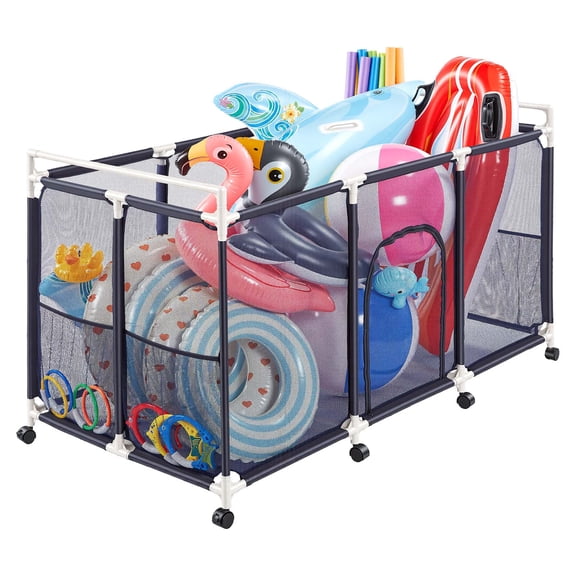 VEVOR Pool Storage Bin, 62.6 x 32 x 36 in, Rolling Pool Float Storage Organizer with Side Pockets & Casters, Durable Plastic Frame, Poolside Toys Noodles Holder Mesh Basket for Swimming Pools