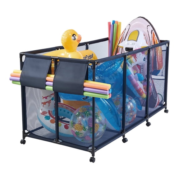 VEVOR Pool Storage Bin, 69 x 32 x 35 in, Rolling Pool Float Storage Organizer with Side Pockets & Noodles Holder, Durable Metal Frame, Poolside Toys Breathable Mesh Basket for Swimming Pools