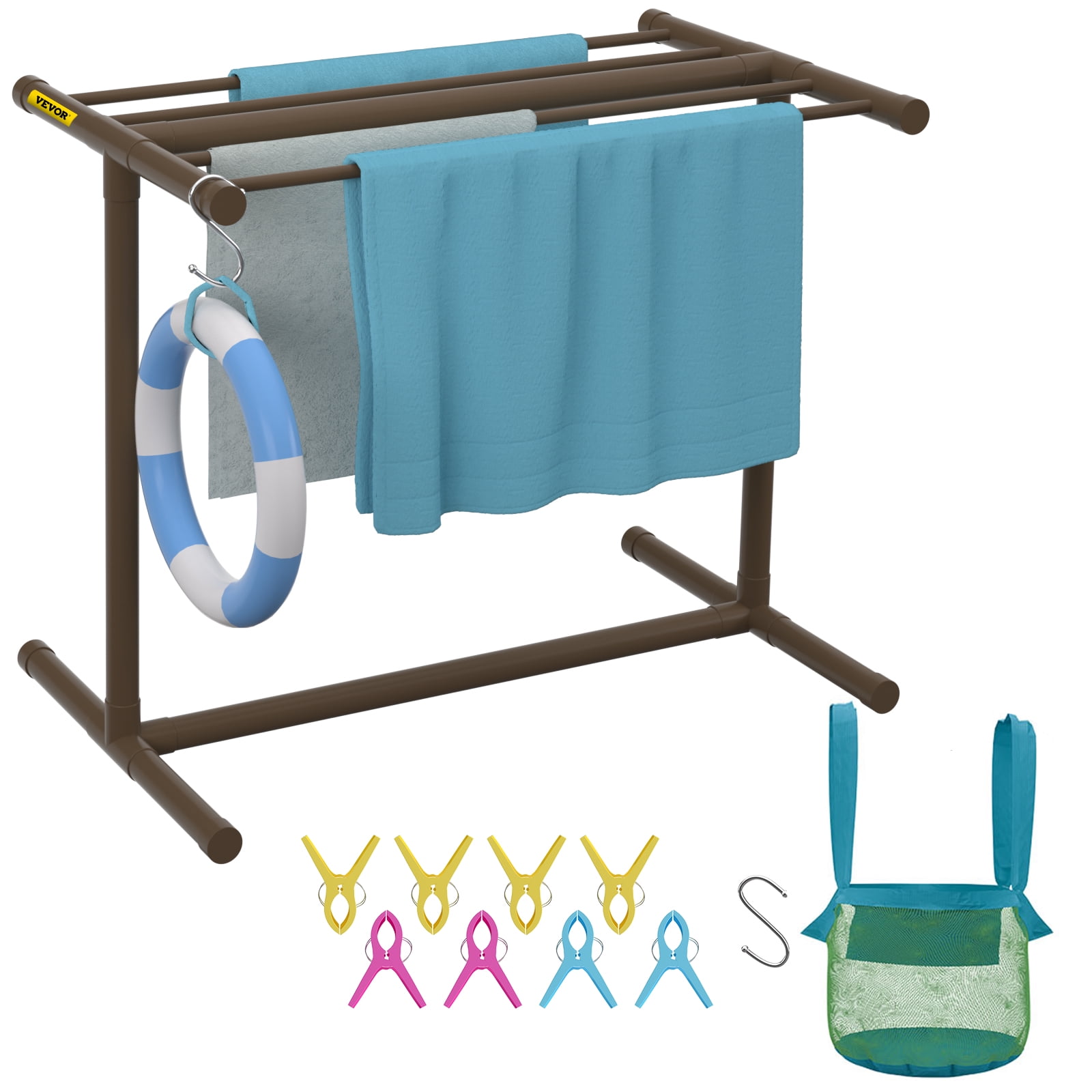 Free Shipping VEVOR Pool Towel Rack 5 Bar Brown Freestanding Outdoor PVC T shape Poolside Storage Organizer Include 8 Towel Clips Mesh Bag Hook Also Stores Floats and Paddles for Beach Swimming Pool