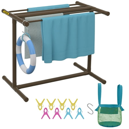 VEVOR Pool Towel Rack, 5 Bar, Brown, Freestanding Outdoor PVC T-shape Poolside Storage Organizer, Include 8 Towel Clips, Mesh Bag, Hook, Also Stores Floats and Paddles, for Beach, Swimming Pool, Home