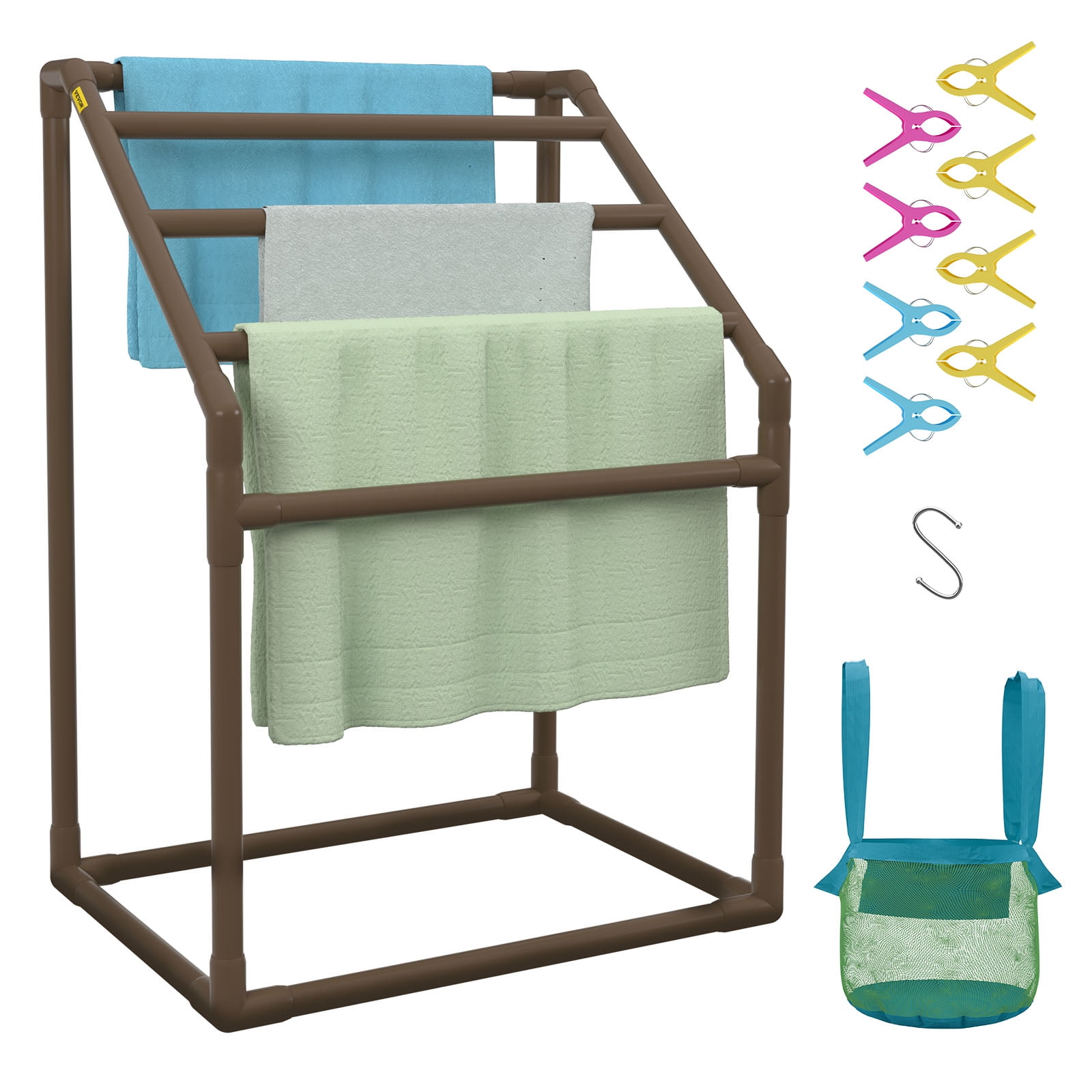 VEVOR Pool Towel Rack, 5 Bar, Brown, Freestanding Outdoor PVC