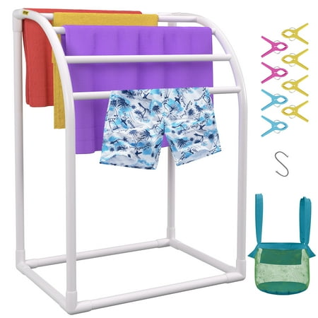 VEVOR Pool Towel Rack, 5 Bar, White, Freestanding Outdoor PVC Curved Poolside Storage Organizer, Include 8 Towel Clips, Mesh Bag, Hook, Also Stores Floats and Paddles, for Beach, Swimming Pool, Home