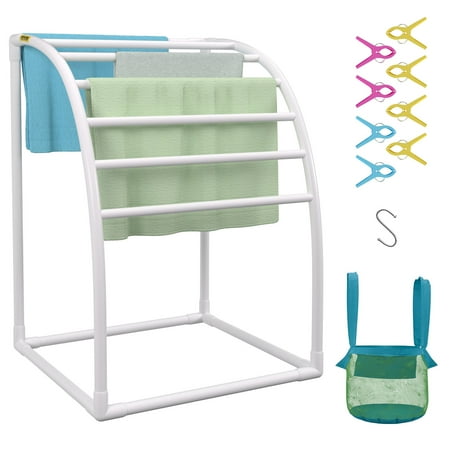 VEVOR Pool Towel Rack, 7 Bar, White, Freestanding Outdoor PVC Curved Poolside Storage Organizer, Include 8 Towel Clips, Mesh Bag, Hook, Also Stores Floats and Paddles, for Beach, Swimming Pool, Home