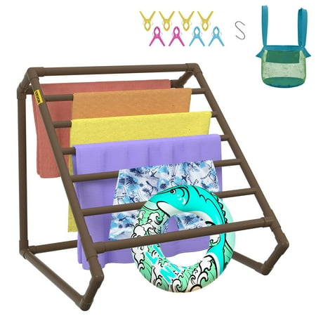 VEVOR Pool Towel Rack, 8 Bar, Brown, Freestanding Outdoor PVC Triangular Poolside Storage Organizer, Include 8 Towel Clips, Mesh Bag, Hook, Also Stores Floats and Paddles, for Beach, Swimming Pool