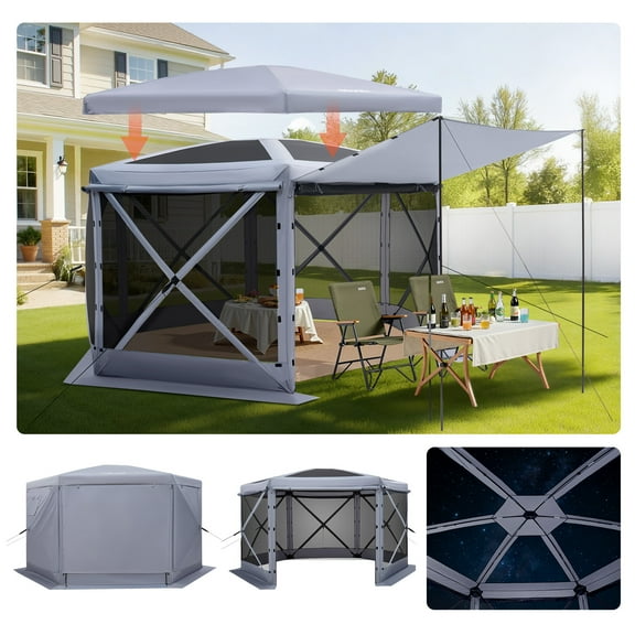 VEVOR Pop up Gazebo Screen Tent, 12 x 12 ft Large 6-Sided Camping Canopy Tent with Removable Top & Carry Bag, Quick-Set & Bite-Proof, Screen House Sun Shelter for 8-10 Persons Backyard Patio, Grey
