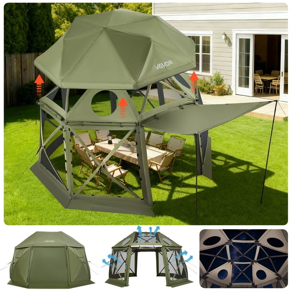 VEVOR Pop up Gazebo Screen Tent, 13 x 13 ft, 13-Sided Spherical Camping Canopy Tent with Removable Top & Carry Bag, Quick-Set & Bite-Proof, Screen House Sun Shelter for 10-12 Persons, Green