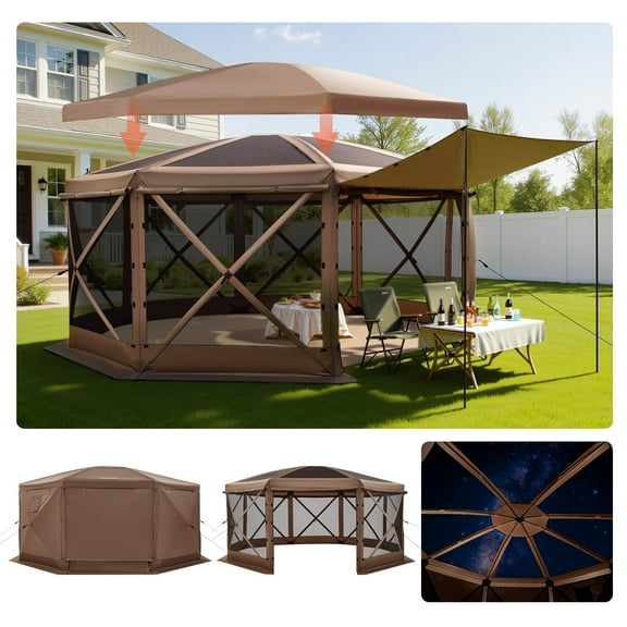 VEVOR Pop up Gazebo Screen Tent, 15 x 15 ft Large 8-Sided Camping Canopy Tent with Removable Top & Carry Bag, Quick-Set & Bite-Proof, Screen House Sun Shelter for 12-15 Persons Backyard Patio, Brown
