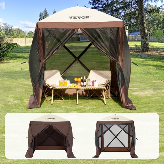 VEVOR Pop up Gazebo Tent, Pop-Up Screen Tent 4 Sided Canopy Sun Shelter with 4 Removable Privacy Wind Cloths & Mesh Windows, 6x6FT Quick Set Screen Tent with Mosquito Netting, Brown