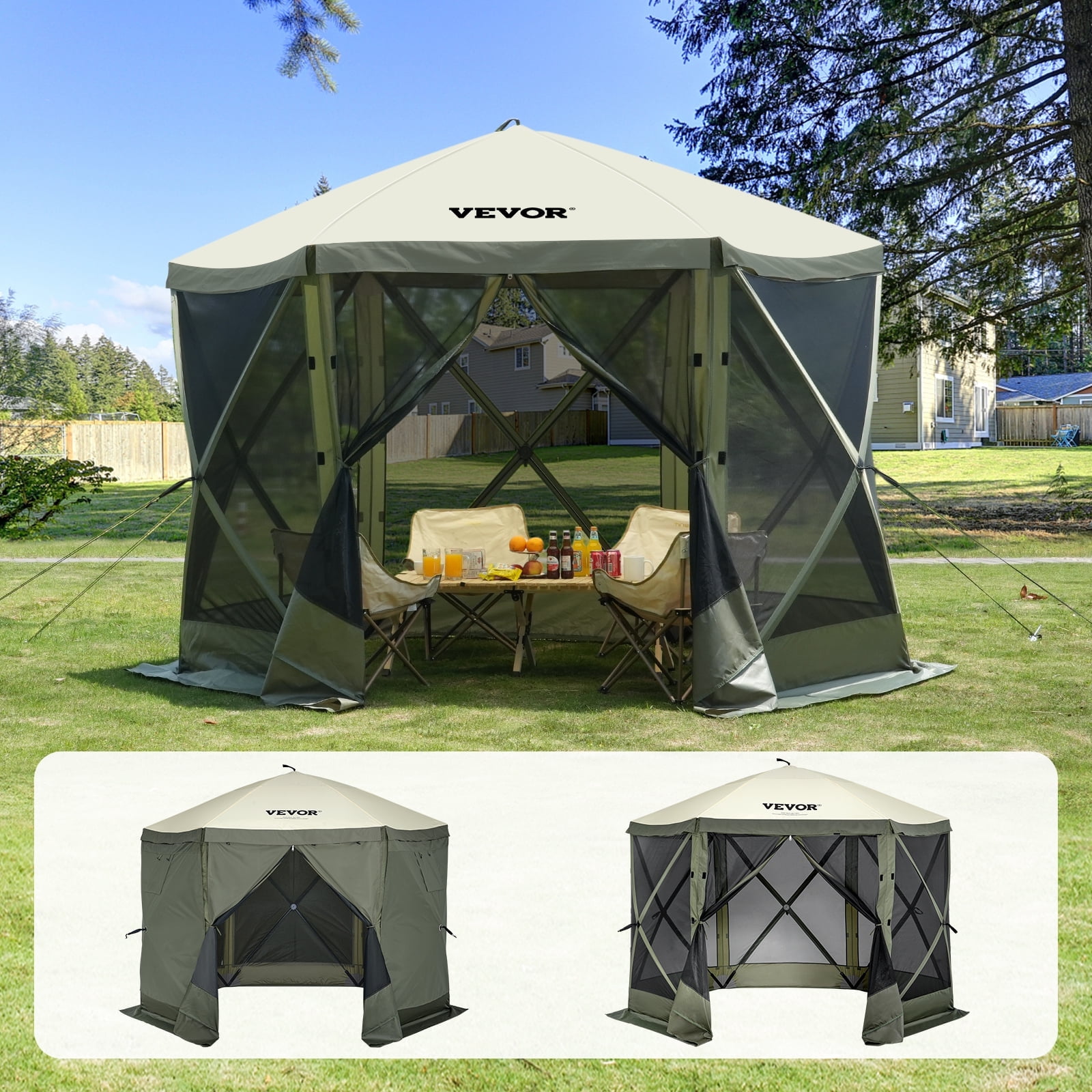VEVOR Pop up Gazebo Tent, Pop-Up Screen Tent 6 Sided Canopy Sun Shelter with 6 Removable Privacy Wind Cloths & Mesh Windows, 10x10FT Quick Set Screen Tent with Mosquito Netting, Army Green
