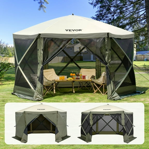 VEVOR Pop up Gazebo Tent, Pop-Up Screen Tent 6 Sided Canopy Sun Shelter with 6 Removable Privacy Wind Cloths & Mesh Windows, 12x12FT Quick Set Screen Tent with Mosquito Netting, Army Green