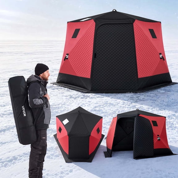 VEVOR Pop Up Ice Fishing Tent 6-8 Person 130x130x79 in Insulated Shelter, for Winter Fishing, 73 sq ft Area, 600D 4-Layer Fabric, Portable Hub-Style Shanty Cube with Anchors, Ropes, Carry Bag, Red