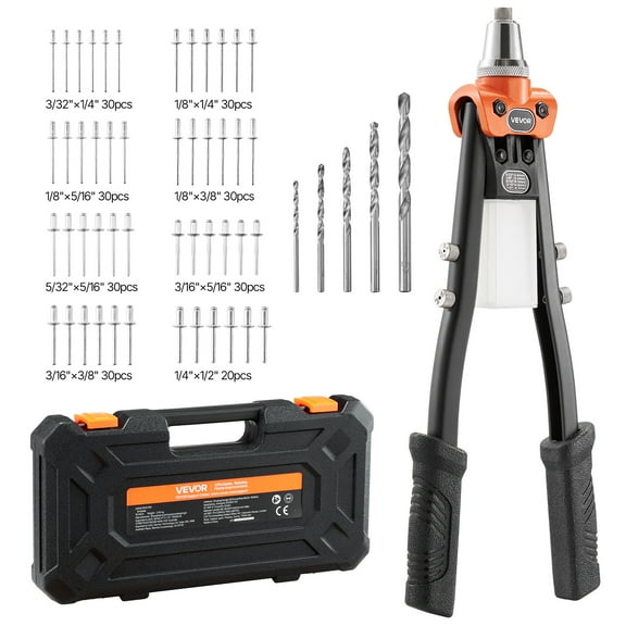 VEVOR Pop Rivet Gun Kit, with 230 Blind Rivets, Two-Handed Riveter with 5 Interchangeable Nosepieces, 5 Drill Bits, and a Carrying Case, Manual Riveting Tool for Metal, Automotive, Home, and DIY