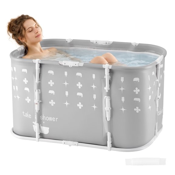 VEVOR Portable Foldable Bathtub 37.4"x23.6"x19.7" Soaking for Adults Gray, for Bathroom Shower Stall, 3-Layer Insulation, Space Saving, Family Hot SPA Ice Bath Tub with 2 Drain Ports, Indoor Outdoor