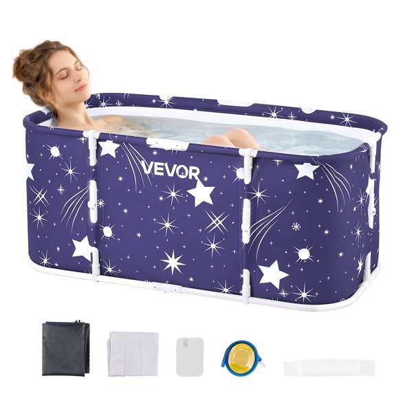 VEVOR Portable Foldable Bathtub 45.3"x23.6"x19.7" Soaking for Adults Blue, for Bathroom Shower Stall, 3-Layer Insulation, Space Saving, Family Hot SPA Ice Bath Tub with 2 Drain Ports, Indoor Outdoor