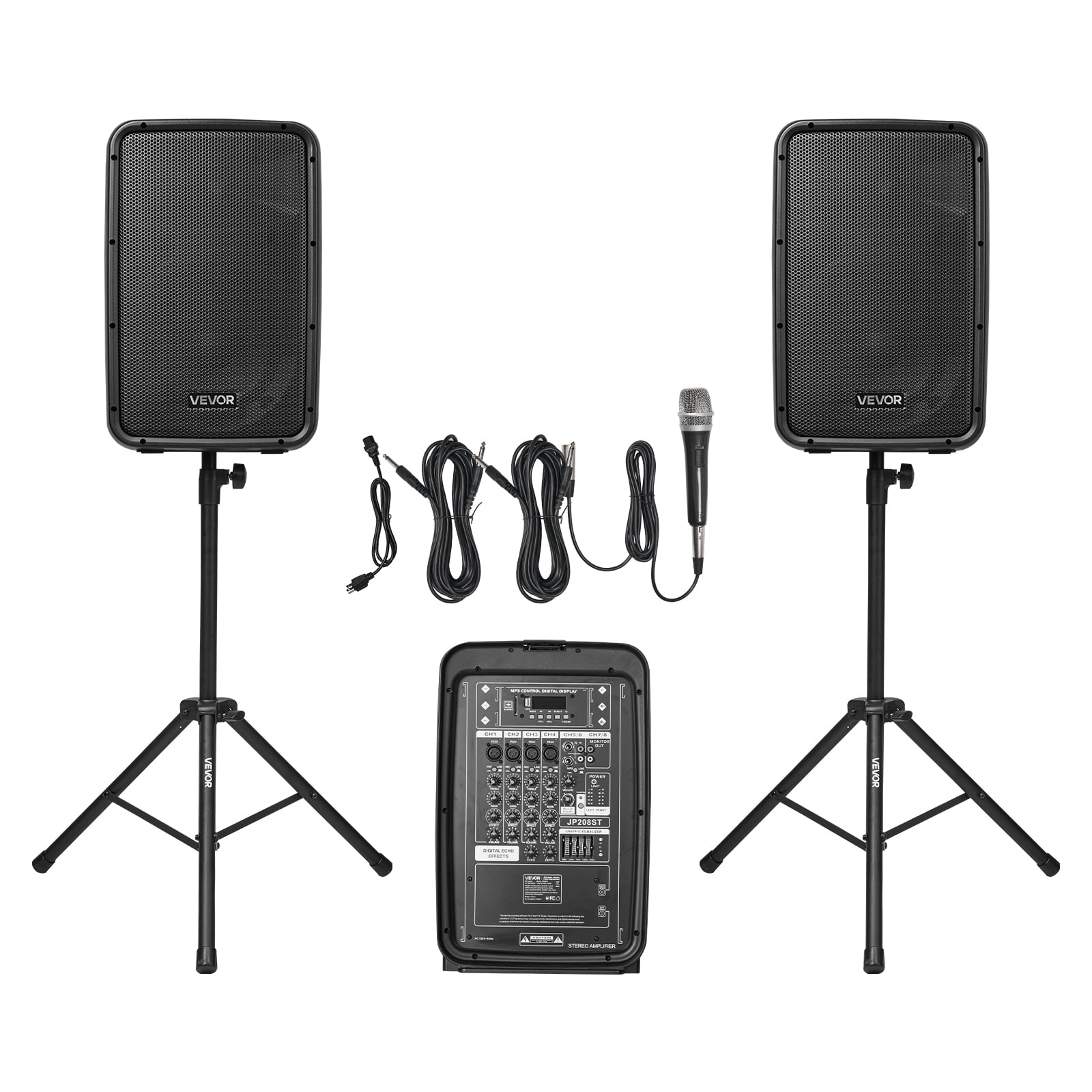 VEVOR Portable PA System, 300W Powered, Sound System Set with 8 Channel Mixer, Dual Speakers, Wireless Bluetooth, Microphone, Compact Stands, USB SD XLR RCA Inputs, Remote Control, for DJs Events