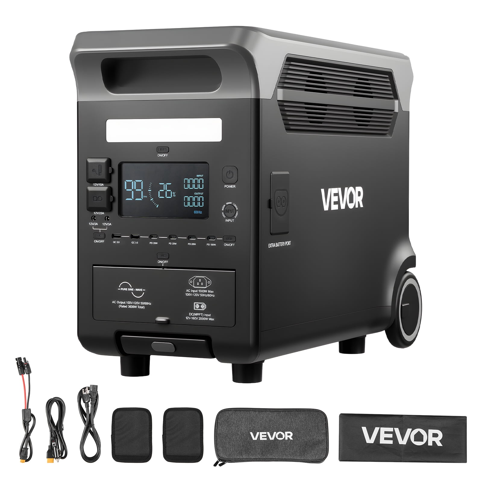 VEVOR Portable Power Station, 3600W 3840Wh Power Station Solar Generator with 10 Output Ports & Adjustable Input Power,Expandable LiFePO4 Battery Backup for Home Camping RV (Solar Panel NOT Included)