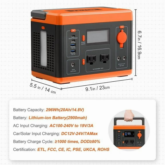VEVOR Portable Power Station, Solar Generator 296Wh Lithium Battery with AC Outlet QC3.0 Fast Charging, USB Type-C Port, LED Light & LCD Screen,Ideal for Outdoor Camping, RV Home Use