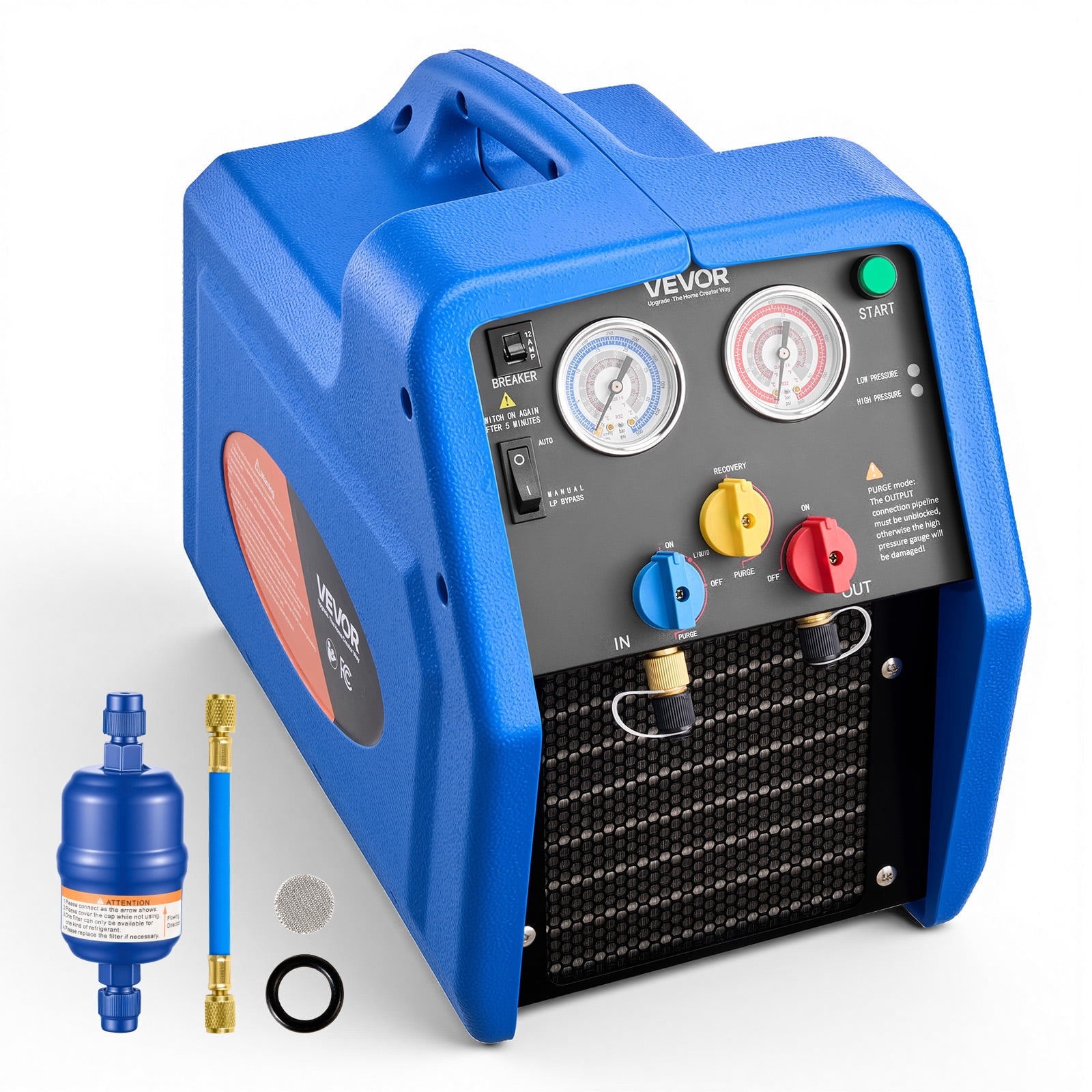 VEVOR Portable Refrigerant Recovery Machine, 3/4 HP 110V 60Hz Single Cylinder AC Recovery Machine for Liquid Vapor Refrigerant,1750 RPM Recycling Unit HVAC for Automotive & Household Air Conditioning