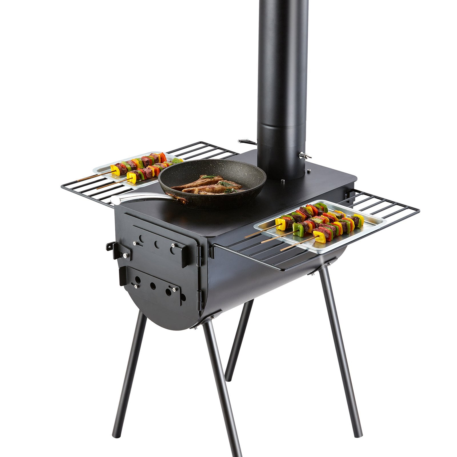 VEVOR Black Alloy Steel Portable Outdoor Wood Burning Stove with Shelves