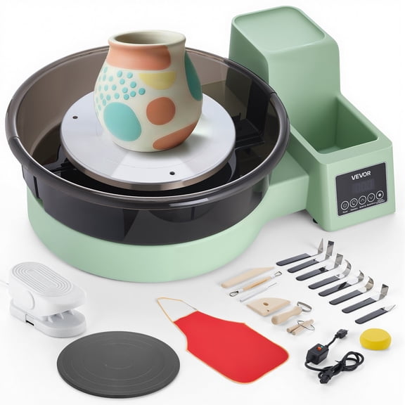 VEVOR Pottery Wheel for Adults, 14" and 11" Turntables, 450W Electric Table Top Pottery Wheel with Foot Pedal, 30-300 RPM Adjustable Speed, Detachable Basin, for Beginners, DIY Clay Art Craft, Green