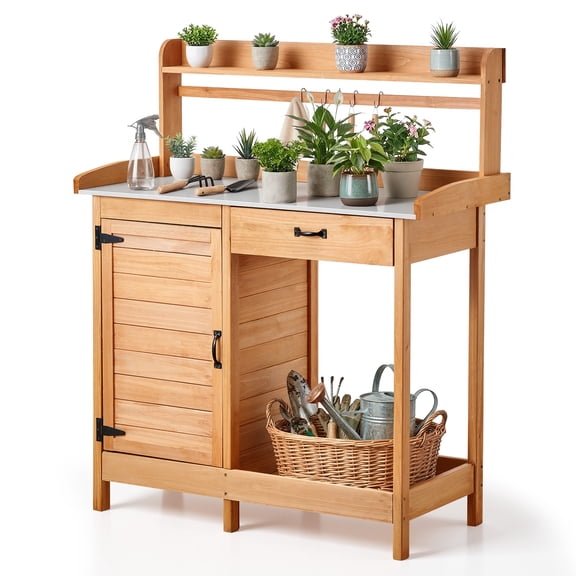 VEVOR Potting Bench Table, 3-in-1 Outdoor Gardening Wooden Workstation with 44 x 19 in Galvanized Iron Tabletop, Garden Work Station with Drawer, Storage Cabinet & Shelves, Hooks for Patio, Backyard