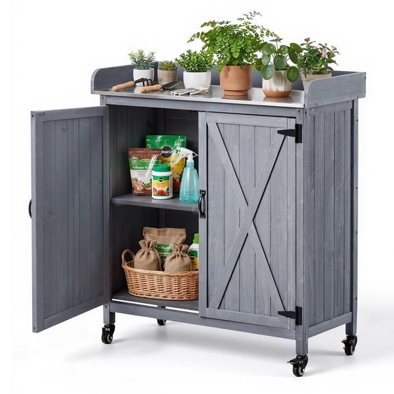 VEVOR Potting Bench Table, Outdoor Gardening Wooden Storage Cabinet with 36 x 16 in Galvanized Iron Tabletop, Garden Planting Workstation with Large Storage Space, 4 Casters for Patio, Backyard, Gray