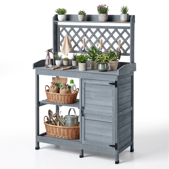 VEVOR Potting Bench Table, Outdoor Gardening Wooden Workstation with Storage Cabinet, Storage Shelves, 43 x 18 in Wood Tabletop, Garden Planting Work Station for Patio, Backyard, Balcony, Gray