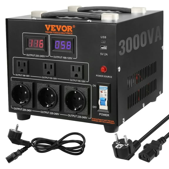 VEVOR Power Converter, 3000W, Durable Step Up/Down Unit, Switches between 110V and 220V, Includes US and EU Outlets plus 5V USB, CE Approved