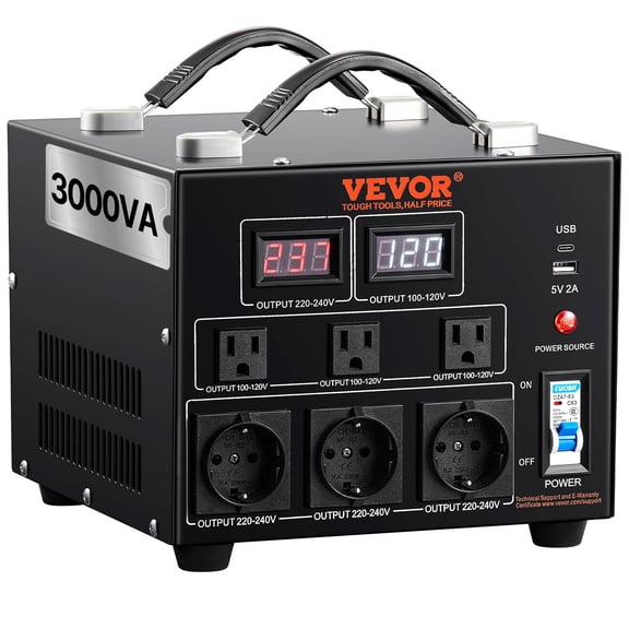 VEVOR Power Converter, 3000W, Durable Step Up/Down Unit, Switches between 110V and 220V, Includes US and EU Outlets plus 5V USB, CE Approved