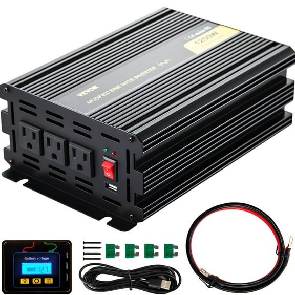 VEVOR Power Inverter 1250W Modified Sine Wave Inverter DC12V to AC120V Car Converter with USB Port LCD Display Remote Controller LED Indicator AC Outlets Inverter for Car RV Truck Boat Travel Camping