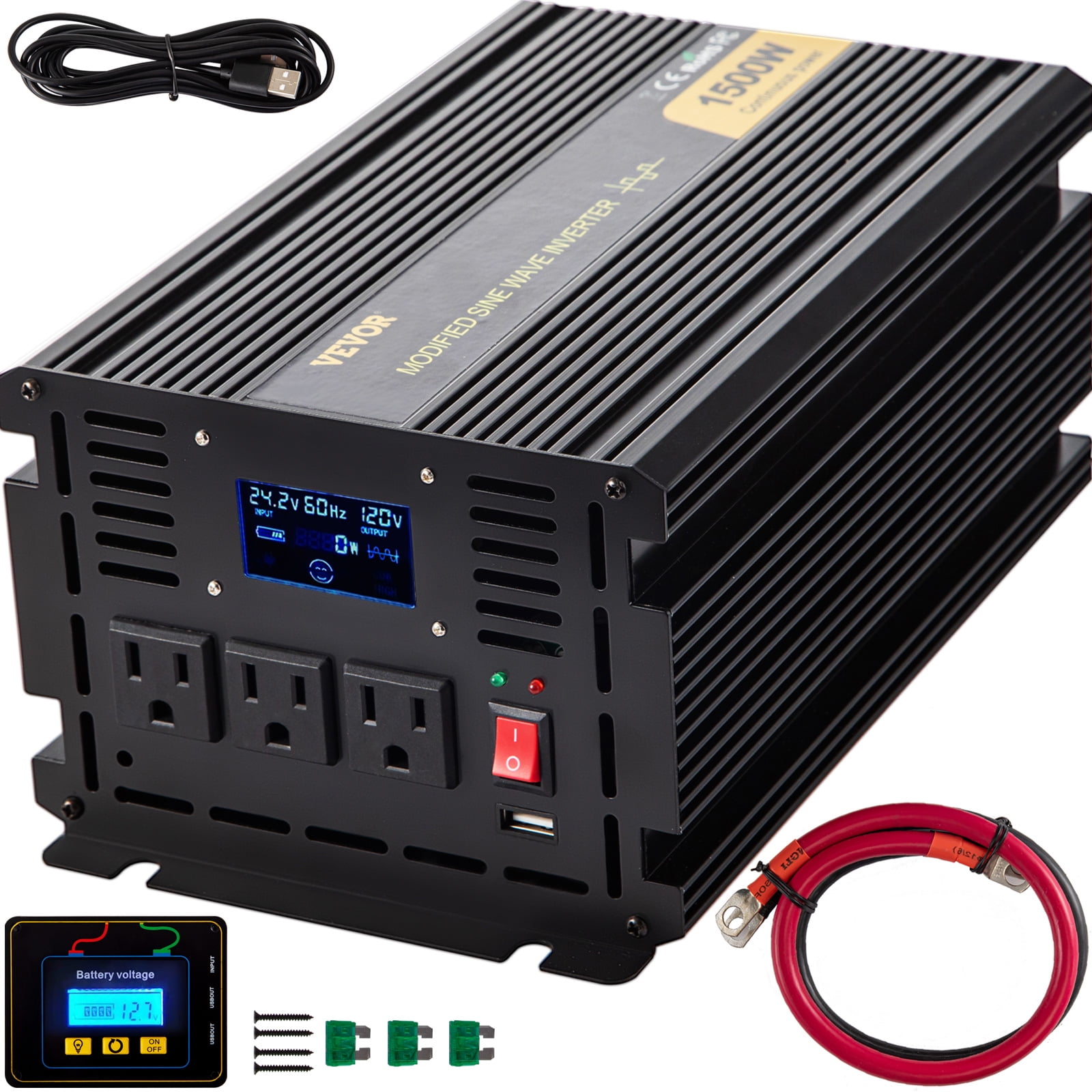 VEVOR Power Inverter 1500W Modified Sine Wave Inverter DC24V to AC120V Car Converter with USB Port LCD Display Remote Controller LED Indicator AC