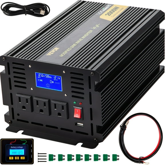 VEVOR Power Inverter 2000W Modified Sine Wave Inverter DC12V to AC120V Car Converter with USB Port LCD Display Remote Controller LED Indicator AC Outlets Inverter for Car RV Truck Boat Travel Camping