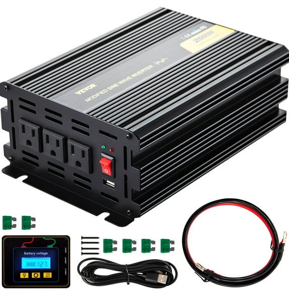 VEVOR Power Inverter 2500W Modified Sine Wave Inverter DC24V to AC120V Car Converter with USB Port LCD Display Remote Controller LED Indicator AC Outlets Inverter for Car RV Truck Boat Travel Camping