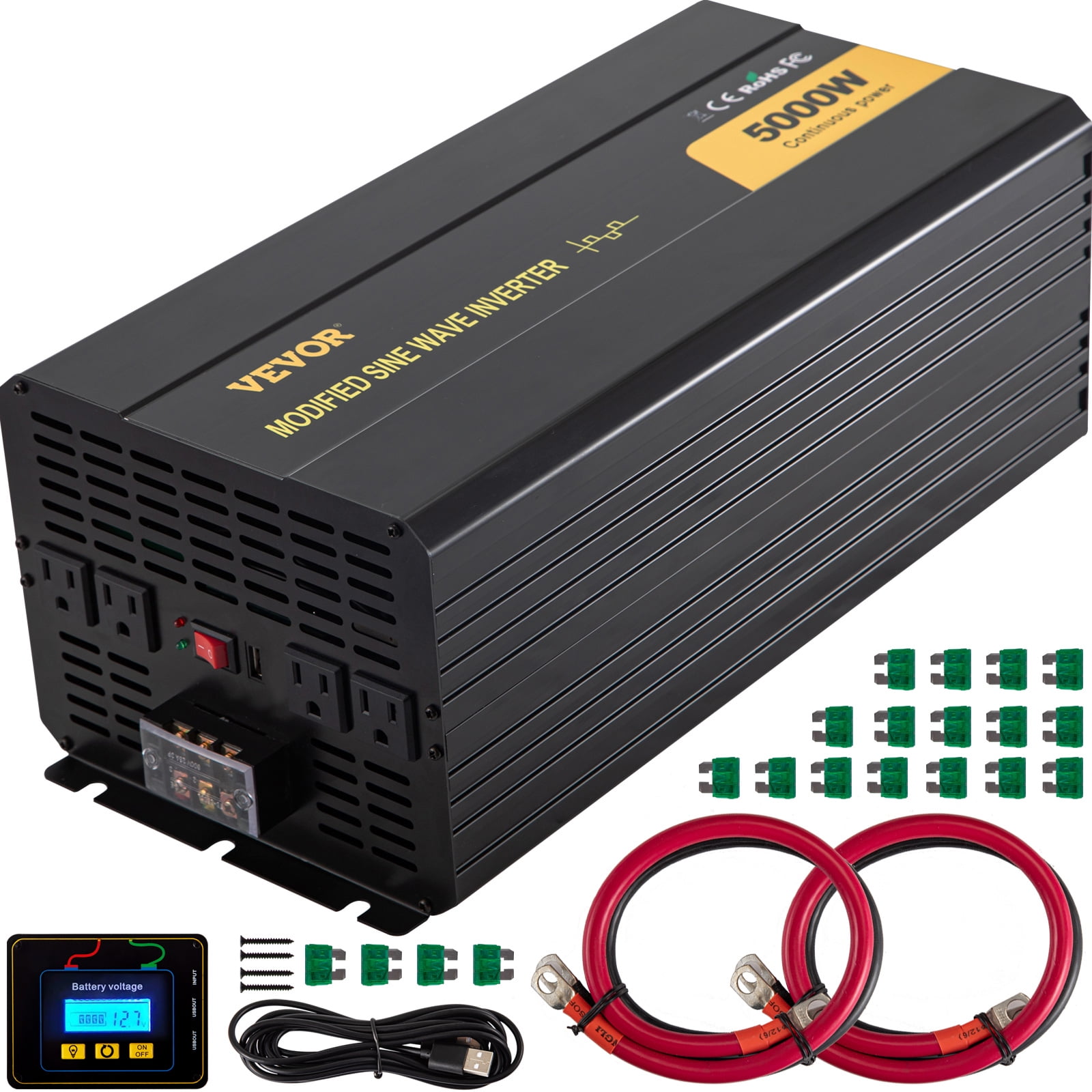 VEVOR Power Inverter 5000W Modified Sine Wave Inverter DC12V to AC120V Car Converter with USB Port LCD Display Remote Controller LED Indicator AC Outlets Inverter for Car RV Truck Boat Travel Camping