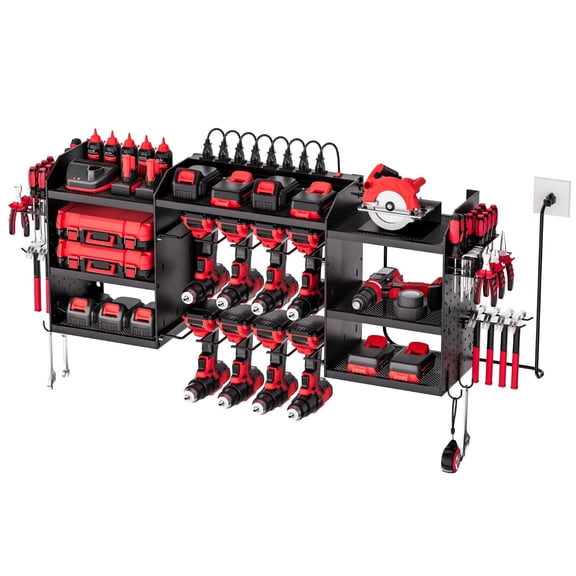 VEVOR Power Tool Organizer with Charging Station, 3-Layer Power Tool Battery Storage Rack with 5.58 ft Power Strip, 8 Drill Holders & 8 Outlets, Garage Tool Organizer for Garage, Workbench, Workshop