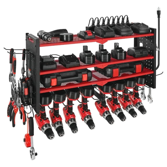VEVOR Power Tool Organizer with Charging Station, 4-Layer Drill Storage Rack with 8 Drill Holders & Side Pegboard, Garage Tool Organizer Built in 8 Outlet Power Strips for Garage,Workbench,Workshop