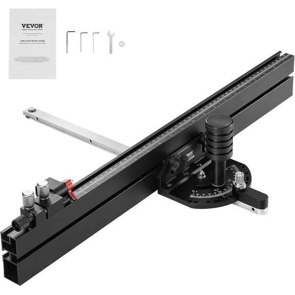 VEVOR Precision Miter Gauge, Standard Slot 3/4'' x 3/8'', Aluminum Alloy Table Saw Miter Gauge with 24 in Grating 15 Angle Stops Adjustable Spring Loaded Plunger and Removable Disc, for Woodworking