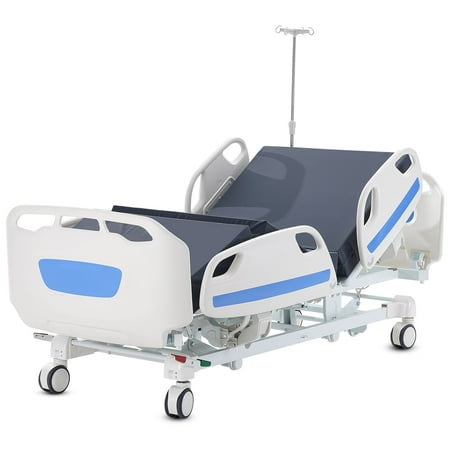 VEVOR Premium 5 Function Full Electric Hospital Bed, ICU Electric Medical Bed with Trendelenburg & Reverse Trendelenburg, 5-Inch Locking Casters, IV Pole for Home Hospital Use, 550LBS Loading