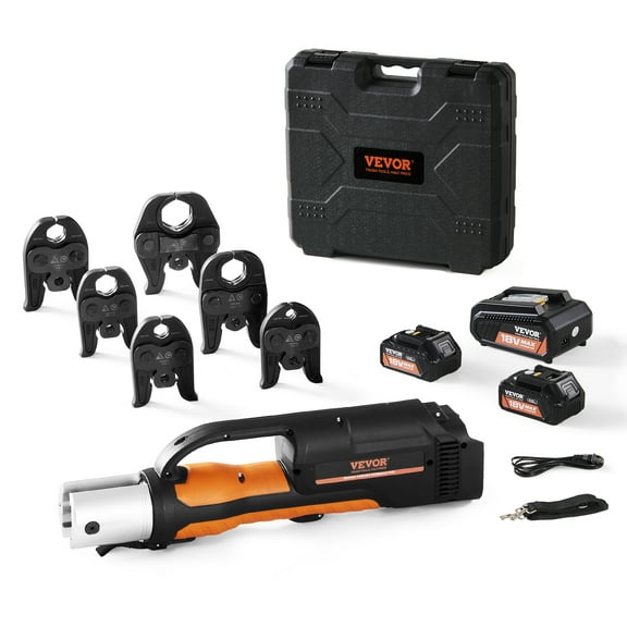 VEVOR Pro Press Tool, 18V Electric Pipe Crimping Tool for 1/2" to 2" Stainless Steel, Copper, PEX Pipes, Press Tool Kit with 6 Pro Press Jaws, 2PCS 4AH Battery, Fast Charger & Carrying Case